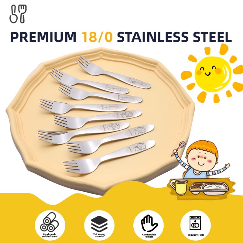 FUNNUO 8 Piece Stainless Steel Toddler Forks Set, Safe Kid Forks with Round Tides, Cartoon Children Forks for Self-feeding, Dishwasher Safe