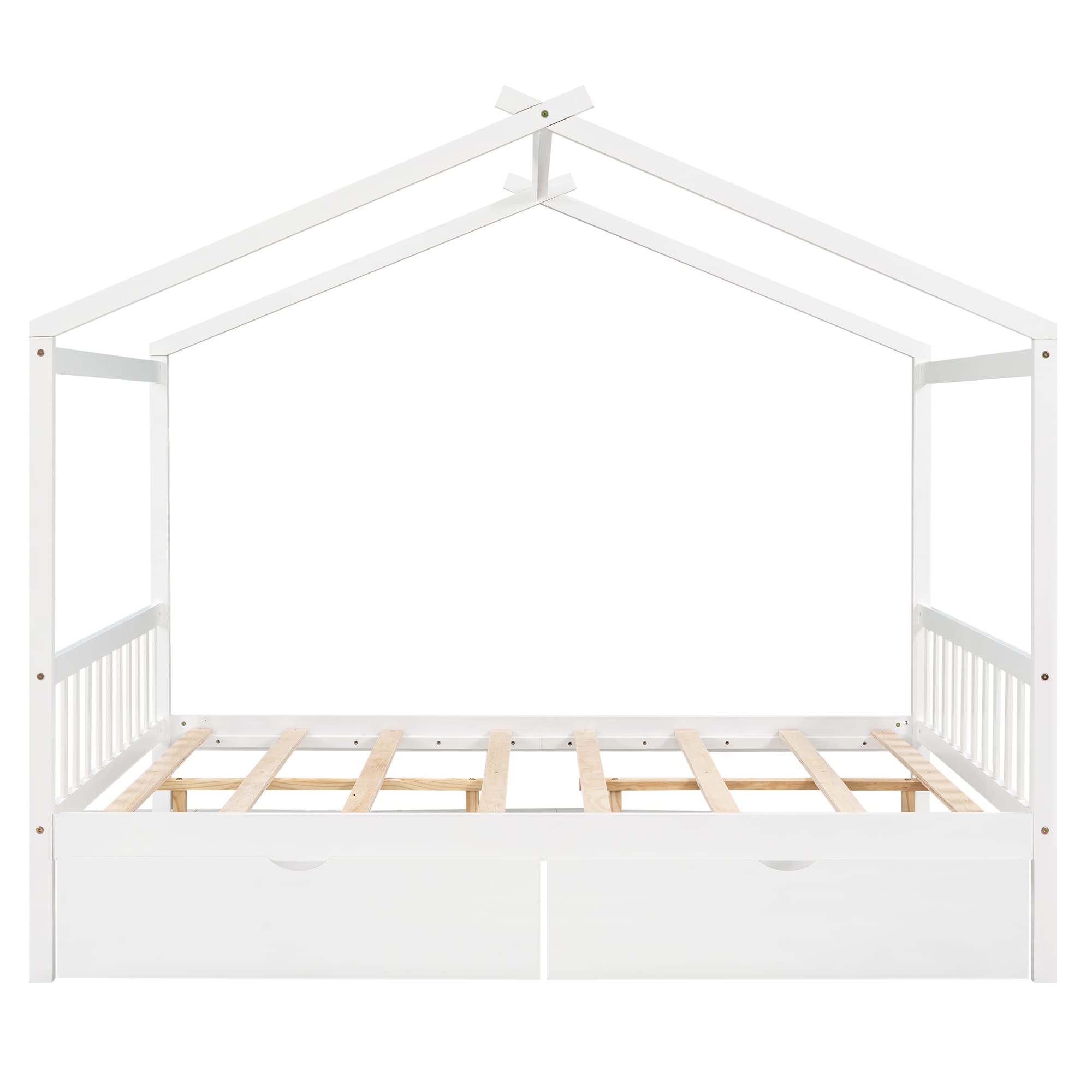 Full Size Bed Frame with Headboard and Footboard, Low House Bed/Full Bed Frame with Storage Drawer, Wood Bed Frame for Kids, Girls, Boys (White Drawer, Full)