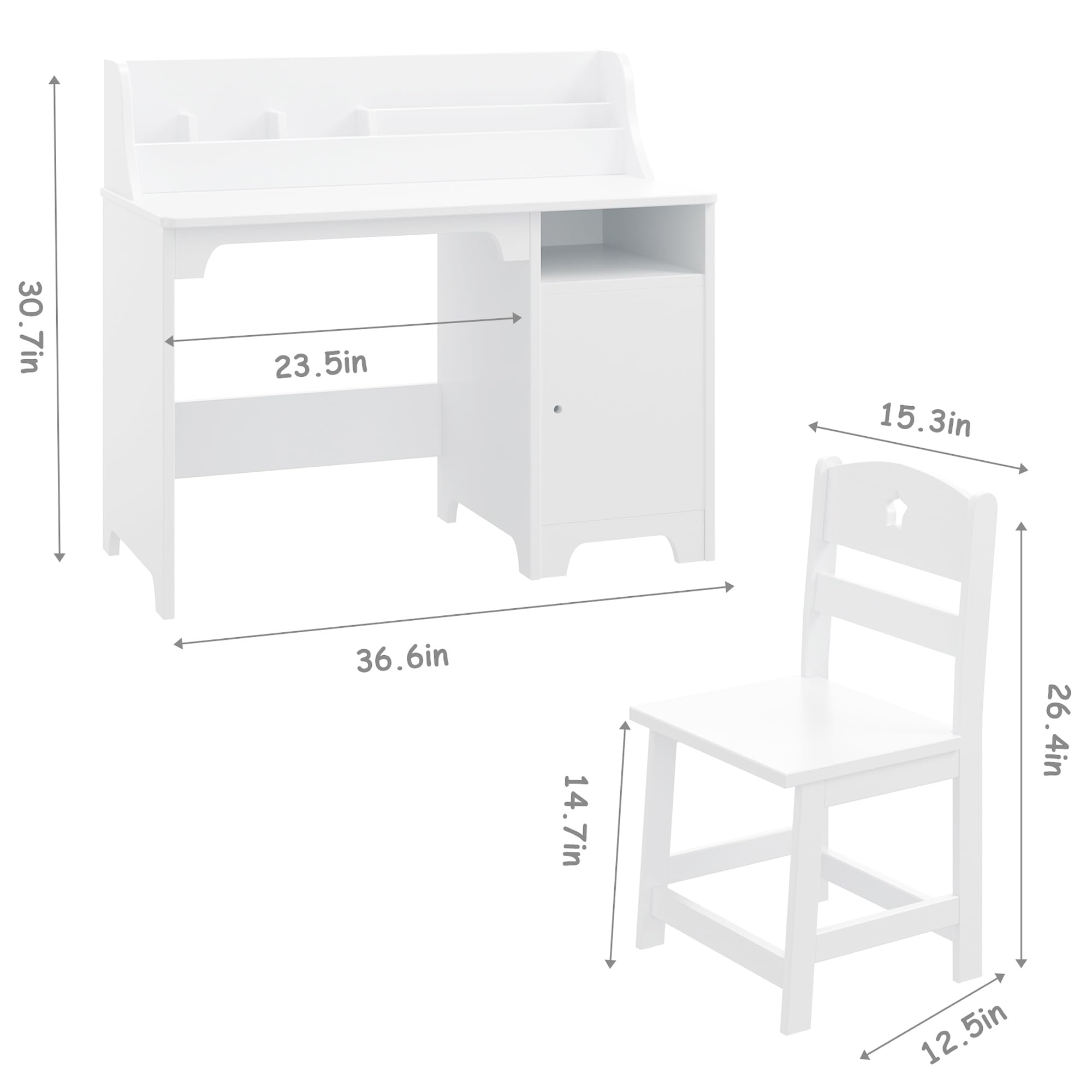 Kids Desk and Chair Set,Study Desk for Kids with Hutch, Storage Cabinet, Wooden Children Study Table, Student Writing Desk Computer Workstation for Kids Bedroom & Study Room,White