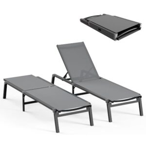 bstokcam set of 2 chaise lounge chair, foldable outdoor tanning chaise lounge with 5 level adjustable backrest, stainless aluminum lounge chair for patio, pool, beach - grey