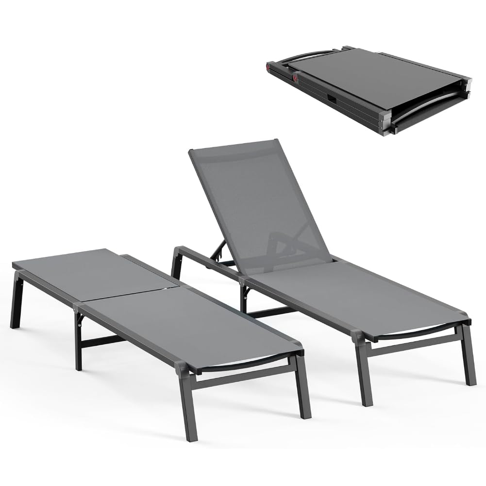 BSTOKCAM Set of 2 Chaise Lounge Chair, Foldable Outdoor Tanning Chaise Lounge with 5 Level Adjustable Backrest, Stainless Aluminum Lounge Chair for Patio, Pool, Beach - Grey