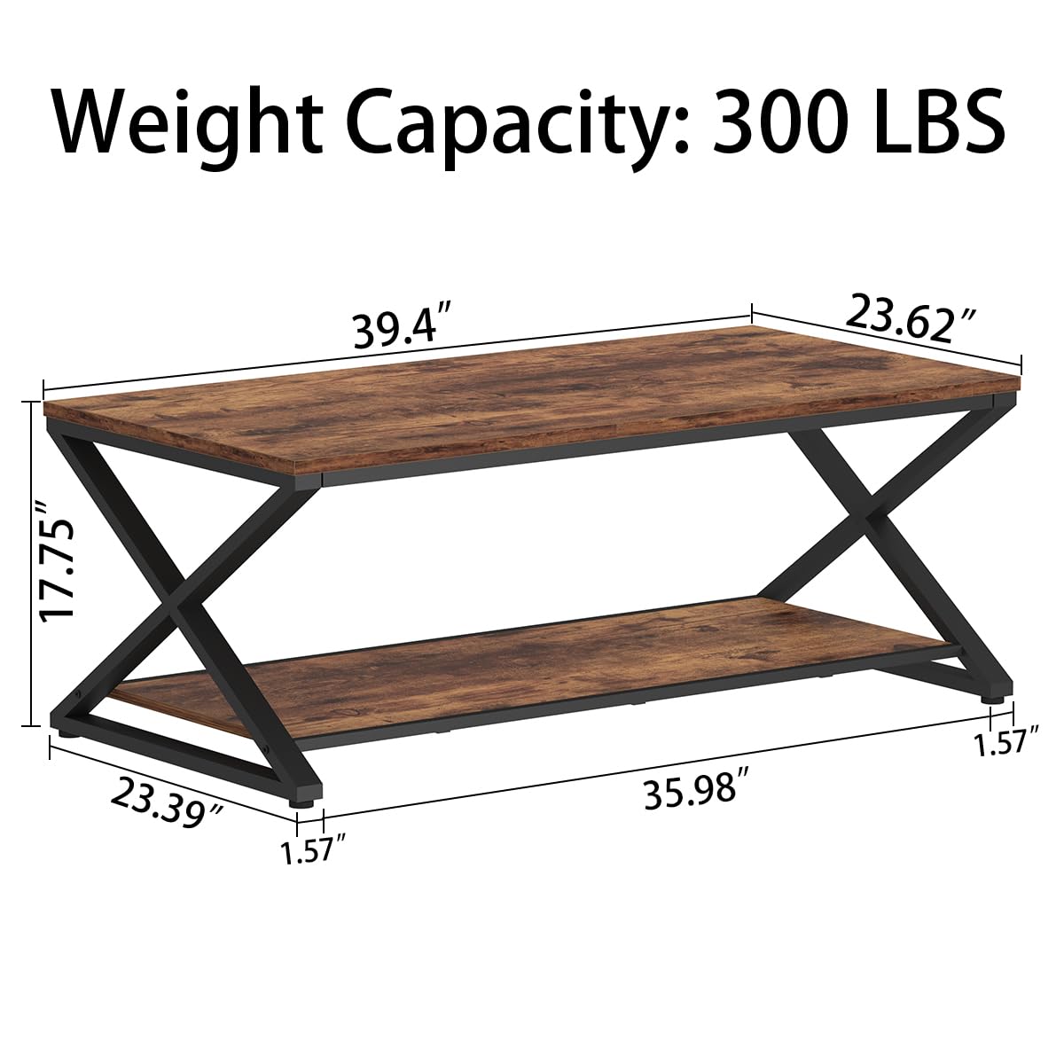 HSH Wood Coffee Table with Storage, Farmhouse Rustic Brown Coffee Table for Living Room, Modern Minimalist 2 Tier Center Table, Simple Rectangle Cocktail Tea Table in Home Office Bedroom, 39 Inch