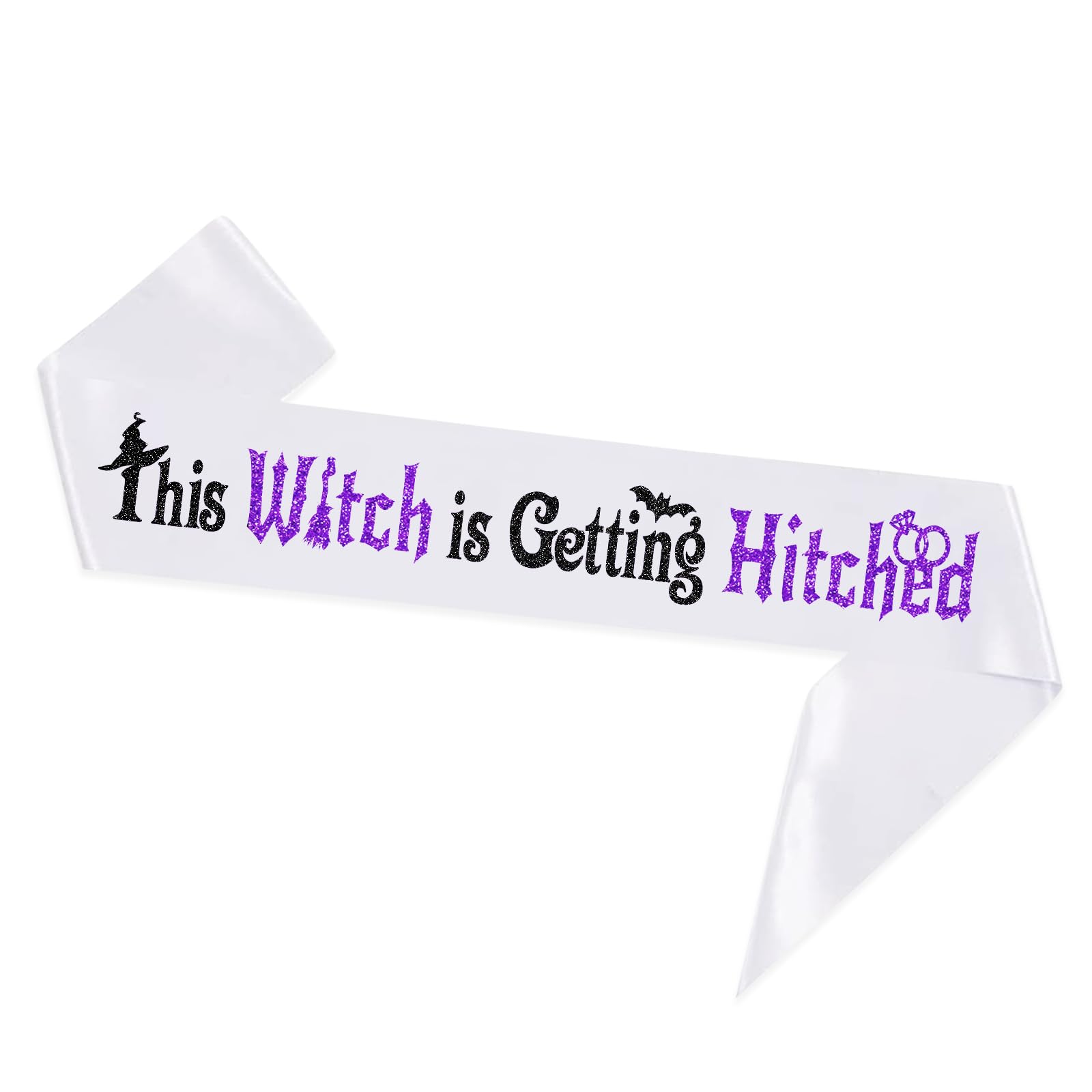 This Witches is Getting Hitched Sash - White Sash Black Purple Foil Lettering - Halloween Theme Bachelorette Bachelor Engagement Wedding Bridal Shower Party Sash - Hen Marriage Event Party Supplies