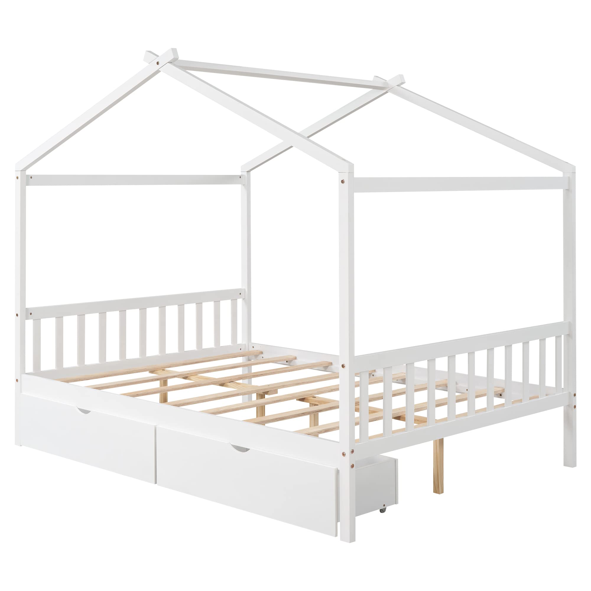 Full Size Bed Frame with Headboard and Footboard, Low House Bed/Full Bed Frame with Storage Drawer, Wood Bed Frame for Kids, Girls, Boys (White Drawer, Full)