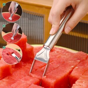 Upgraded 2-in-1 Stainless Steel Fruit Cutter，2024 Newest Watermelon Slicer Watermelon Cutter Melon Cutter Tool，Dual Head Fruit Forks Slicer Watermelon Cutter Tool, Summer Fruit Cutting Fork for Home