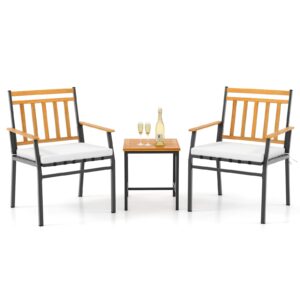 tangkula 3 pieces acacia wood bistro set, patio conversation set with cushions and coffee table, outdoor bistro table and chairs set for porch, balcony, garden and backyard (off white)