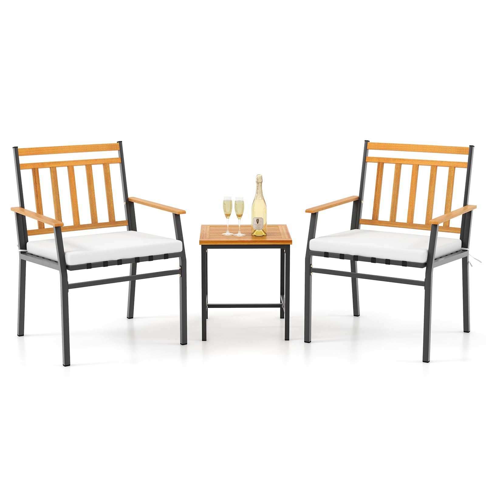 Tangkula 3 Pieces Acacia Wood Bistro Set, Patio Conversation Set with Cushions and Coffee Table, Outdoor Bistro Table and Chairs Set for Porch, Balcony, Garden and Backyard (Off White)