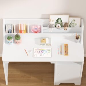 Kids Desk and Chair Set,Study Desk for Kids with Hutch, Storage Cabinet, Wooden Children Study Table, Student Writing Desk Computer Workstation for Kids Bedroom & Study Room,White