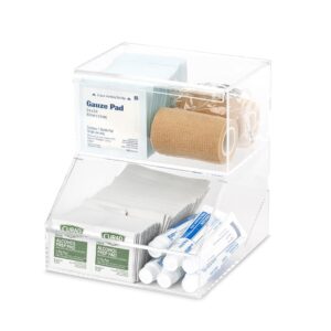 IneVibe First Aid Storage Holder - 2 Compartment Acrylic Container w/Lids for Storing Packets of Alcohol Wipes, Bandages, Ointment, Burn Cream, Gauze Pads for Bathroom, Kitchen & Retail Dispensing