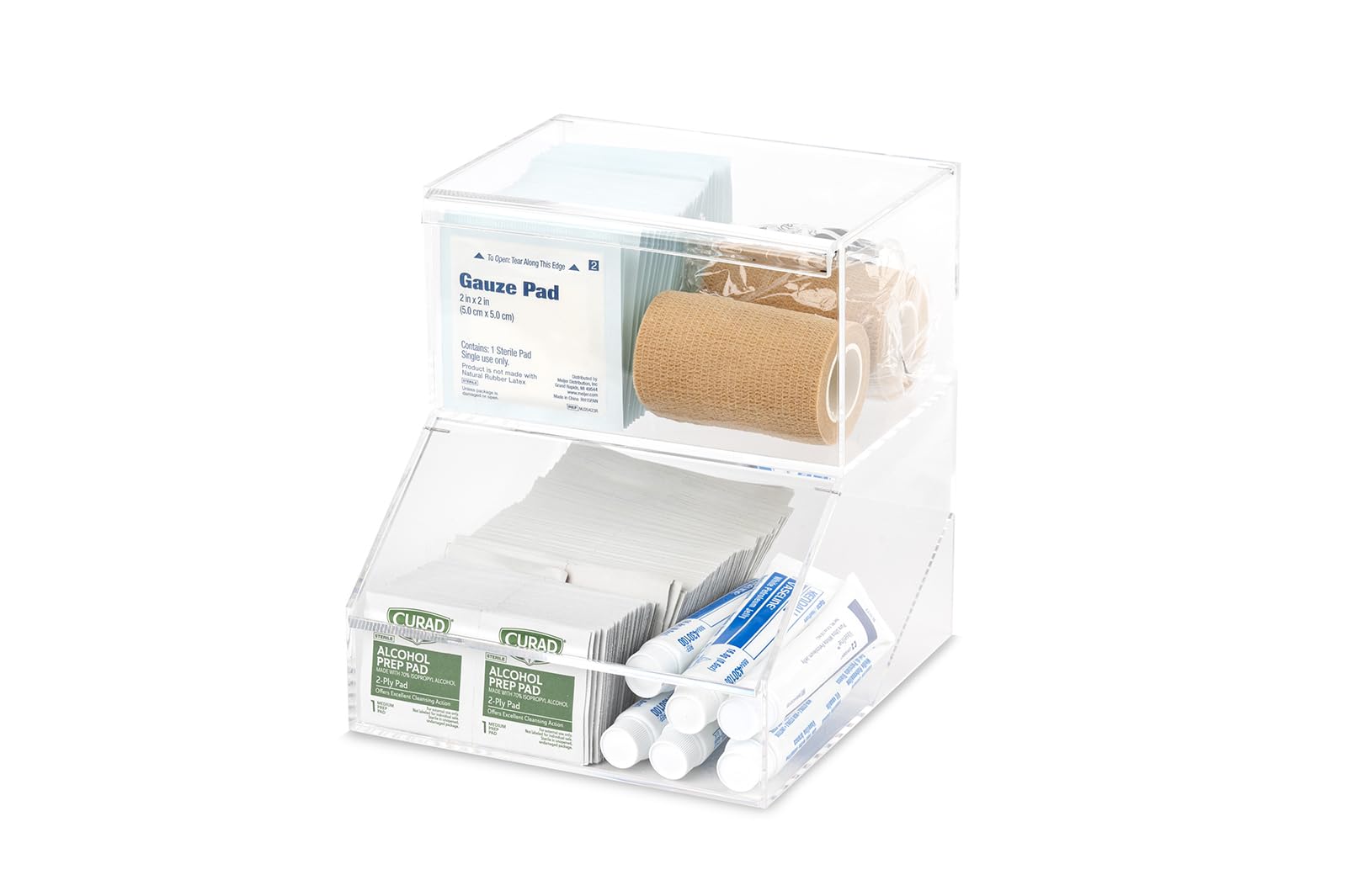 IneVibe First Aid Storage Holder - 2 Compartment Acrylic Container w/Lids for Storing Packets of Alcohol Wipes, Bandages, Ointment, Burn Cream, Gauze Pads for Bathroom, Kitchen & Retail Dispensing