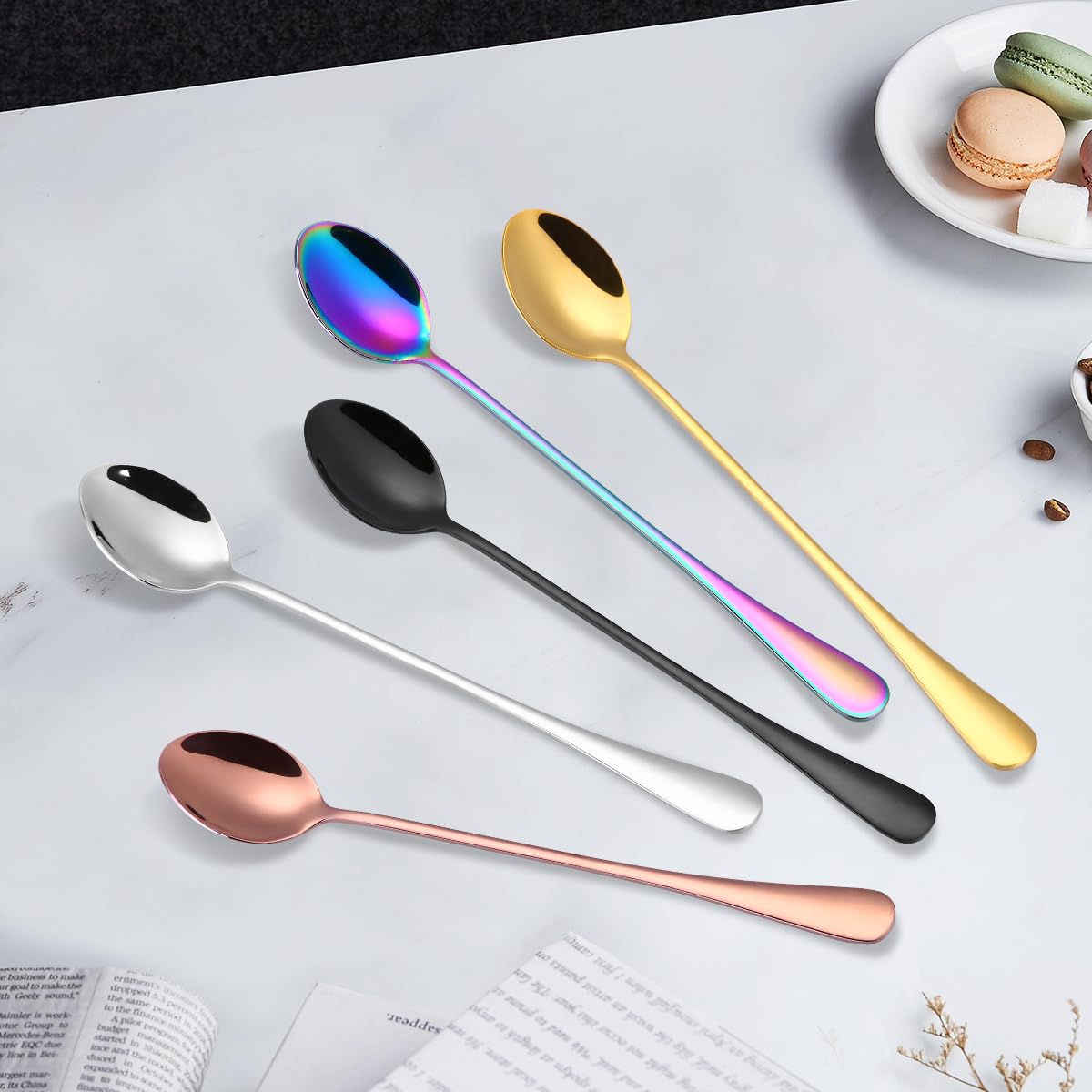 HIDEERPPY Silverware Set, 1/4/6/8/10/12 Pieces Gold Stainless Steel Ice Spoons, Long Handle Spoons, Coffee Spoons, Household Honey Spoons, Milk Tea Seasoning Stirring Spoons, Home Flatware Set(Rainbo