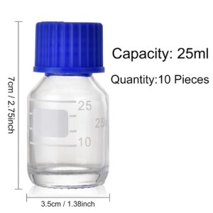 Kestun 10 Packs Reagent Media Storage Bottles, 25ml Borosilicate Glass Graduated Round Bottles with GL25 Blue Screw Cap for Lab Water Reagent Liquids (Clear, 25ML)