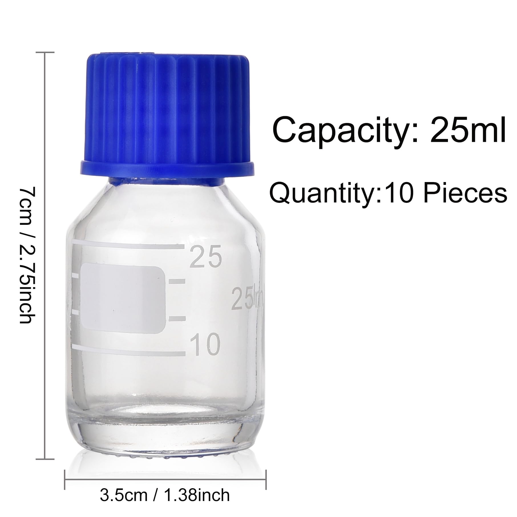 Kestun 10 Packs Reagent Media Storage Bottles, 25ml Borosilicate Glass Graduated Round Bottles with GL25 Blue Screw Cap for Lab Water Reagent Liquids (Clear, 25ML)