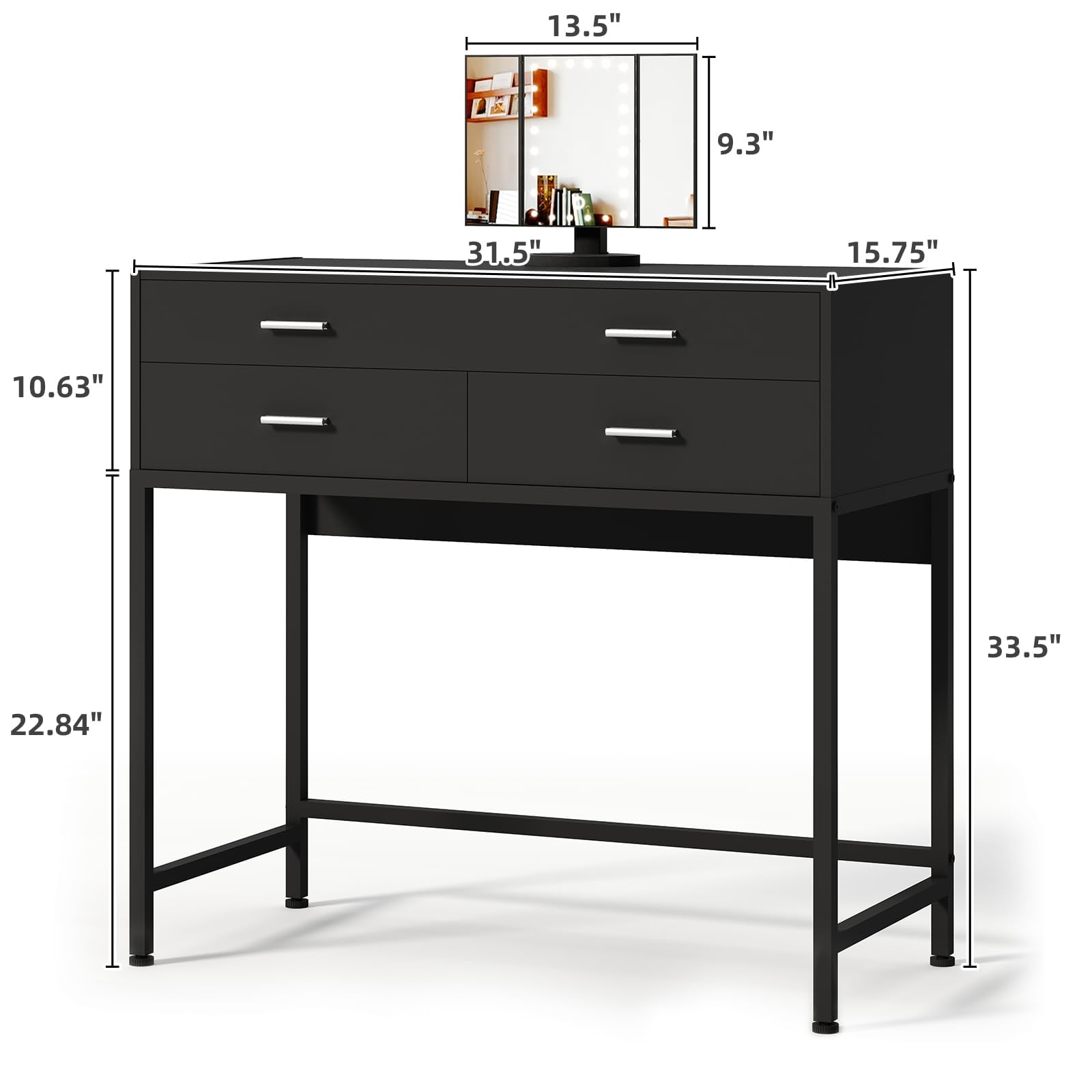 LIDYUK 31.5 Inch Black Desk with 3 Drawers, Modern Makeup Vanity Desk with Lighted Mirror, Small Computer Desk Home Office Desk for Writing Study Bedroom