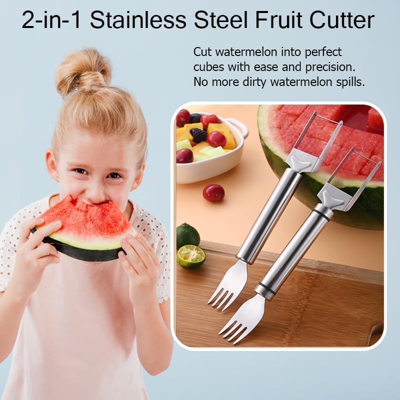 Generic 2024 Watermelon Cutter, 2-in-1 Stainless Steel Fruit Knife Watermelon Fork Slicer Cutter Slicer Tool Dual Head Fruit Forks Slicer Knife Summer Portable Fruit Cutting Knife Fork for Home