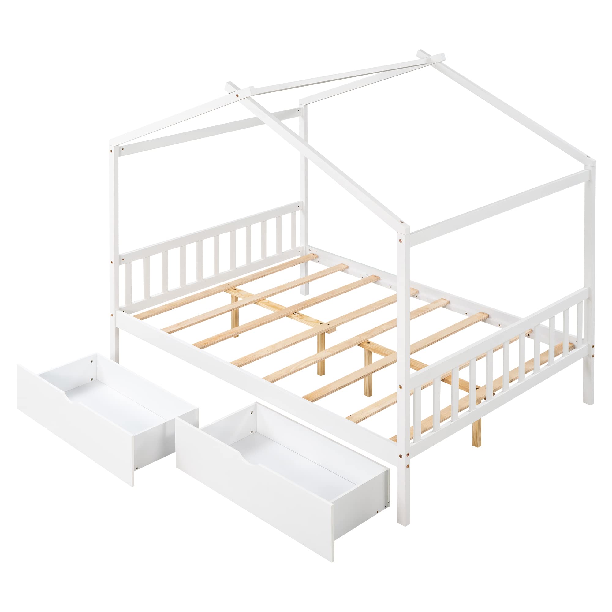 Full Size Bed Frame with Headboard and Footboard, Low House Bed/Full Bed Frame with Storage Drawer, Wood Bed Frame for Kids, Girls, Boys (White Drawer, Full)