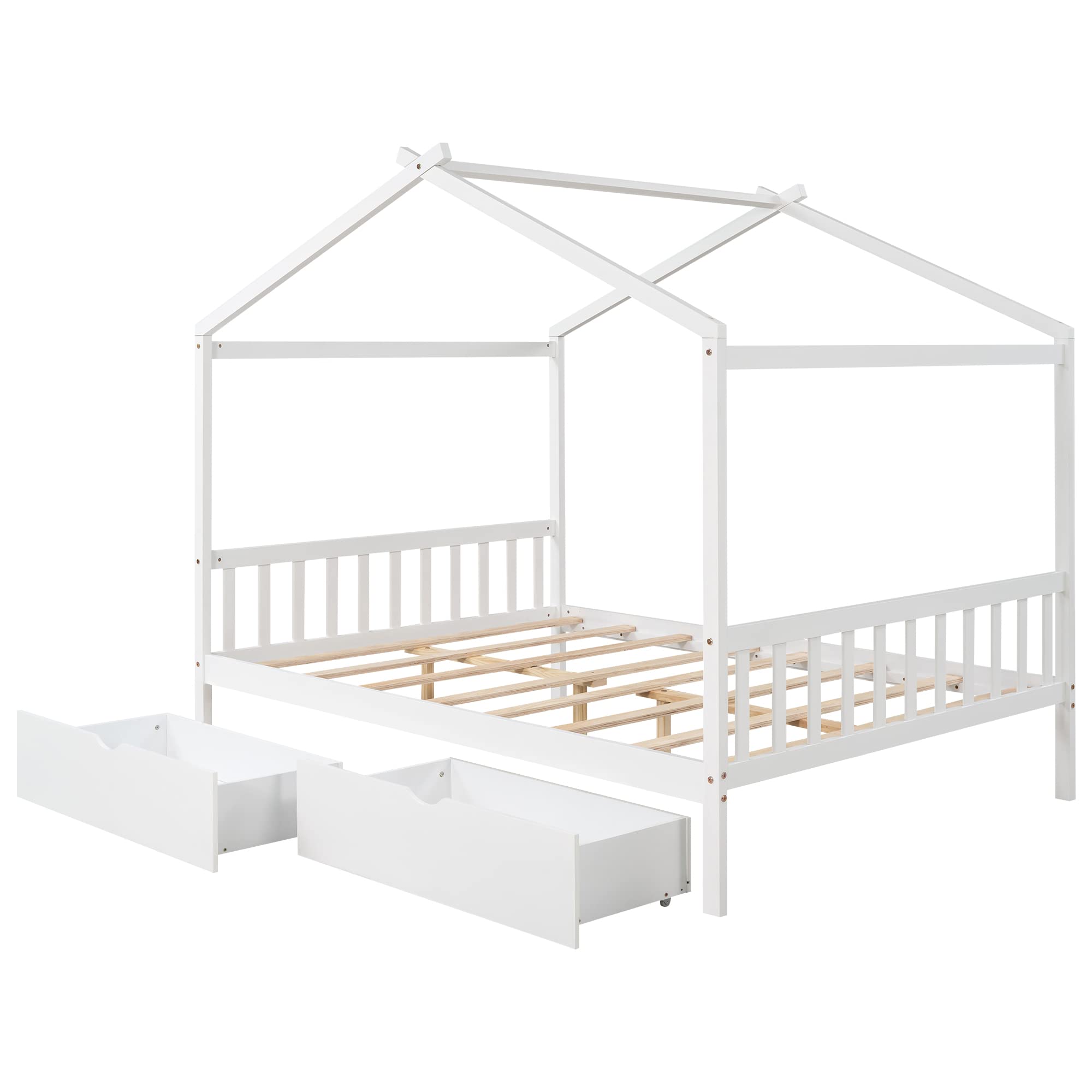 Full Size Bed Frame with Headboard and Footboard, Low House Bed/Full Bed Frame with Storage Drawer, Wood Bed Frame for Kids, Girls, Boys (White Drawer, Full)