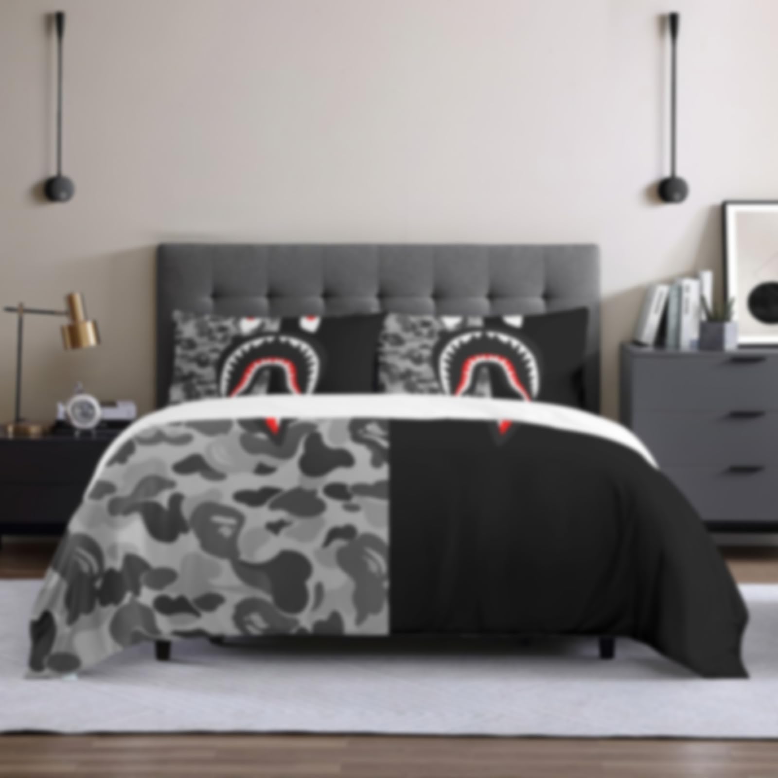 LZZIT Shark Mouth Camo Bedding Set Boys Shark Mouth Camo Duvet Cover and Pillow Cases 3 Pieces,Queen Comforter Cover Set, Full