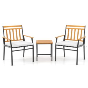 Tangkula 3 Pieces Acacia Wood Bistro Set, Patio Conversation Set with Cushions and Coffee Table, Outdoor Bistro Table and Chairs Set for Porch, Balcony, Garden and Backyard (Off White)