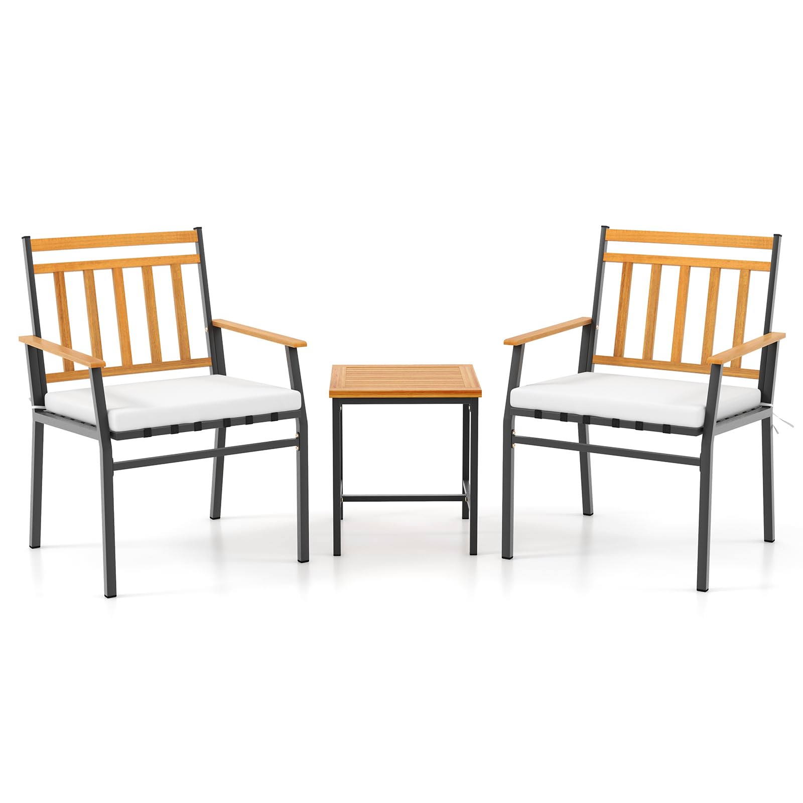 Tangkula 3 Pieces Acacia Wood Bistro Set, Patio Conversation Set with Cushions and Coffee Table, Outdoor Bistro Table and Chairs Set for Porch, Balcony, Garden and Backyard (Off White)