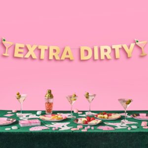 xo, fetti extra dirty martini gold foil banner - 5 ft. | bachelorette decoration, birthday party sign, casino decor, girl cocktail backdrop, vegas photo booth background