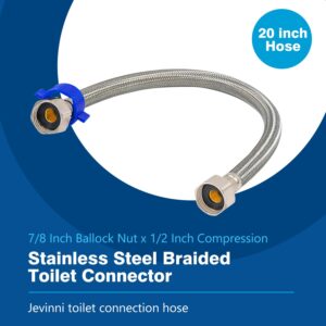 Toilet Connector, 20-Inch Stainless Steel Braided Hose with 1/2" Inch Ballcock Nuts, 1/2" Inch Compression