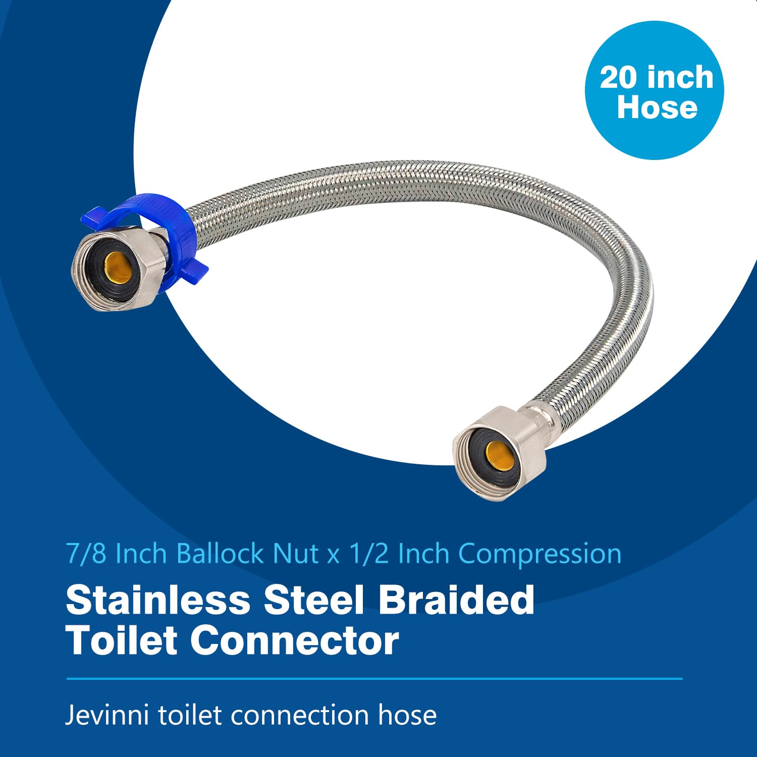 Toilet Connector, 20-Inch Stainless Steel Braided Hose with 1/2" Inch Ballcock Nuts, 1/2" Inch Compression