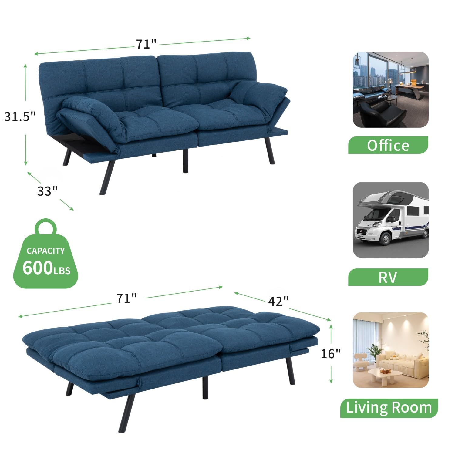 MUUEGM Futon Sofa Bed,couch bed,Memory Foam Futon Sofa,Convertible Sofa Bed for Compact Living Spaces,Apartment,Office,Sleeper Sofa,71"*33"*31.5",Blue Fabric