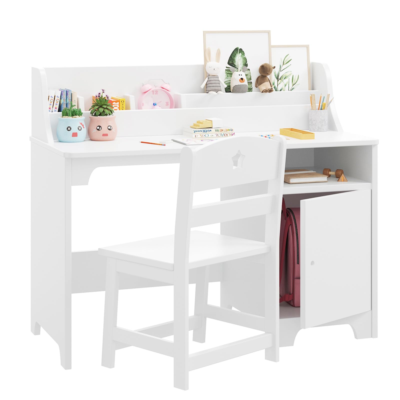 Kids Desk and Chair Set,Study Desk for Kids with Hutch, Storage Cabinet, Wooden Children Study Table, Student Writing Desk Computer Workstation for Kids Bedroom & Study Room,White