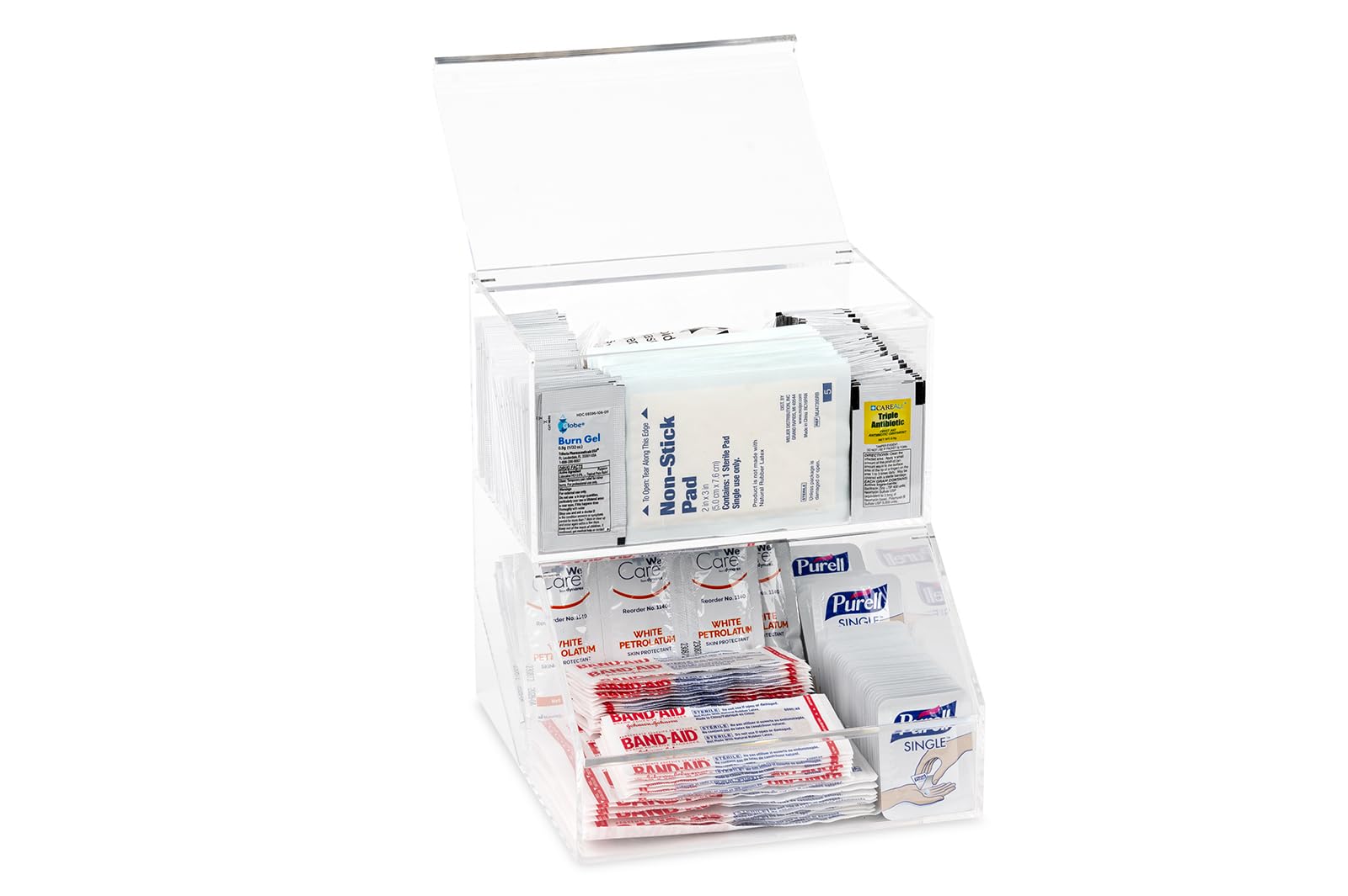 IneVibe First Aid Storage Holder - 2 Compartment Acrylic Container w/Lids for Storing Packets of Alcohol Wipes, Bandages, Ointment, Burn Cream, Gauze Pads for Bathroom, Kitchen & Retail Dispensing