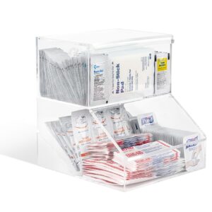 IneVibe First Aid Storage Holder - 2 Compartment Acrylic Container w/Lids for Storing Packets of Alcohol Wipes, Bandages, Ointment, Burn Cream, Gauze Pads for Bathroom, Kitchen & Retail Dispensing