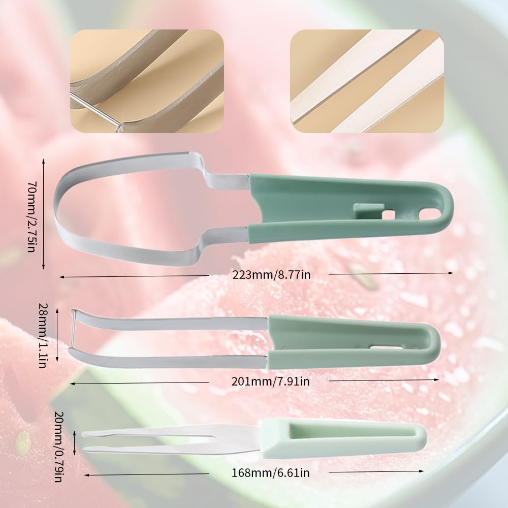 3 in 1 Watermelon Fork Slicer Cutter, 2024 New Summer Watermelon Cutting Tool, Stainless Steel Watermelon Popsicle Cutter Melon Cutter Knife Portability Fruit Fork for Kitchen Gadgets (Green)