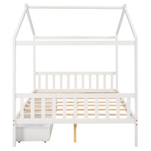 Full Size Bed Frame with Headboard and Footboard, Low House Bed/Full Bed Frame with Storage Drawer, Wood Bed Frame for Kids, Girls, Boys (White Drawer, Full)