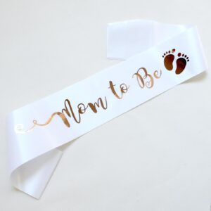 Luwigs Mom to Be Sash White Satin Sash with Gold Letter Best Baby Shower Mommy Decorations Mother Gifts Gender Reveal Welcome Baby (White)