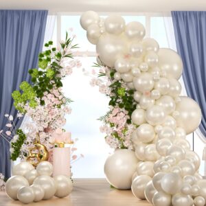 134pcs pearl white double-stuffed balloons garland arch kit with 600pcs pearl stickers,18/12/10/5 inch different size pearl ivory balloons for wedding bridal shower engagement decorations