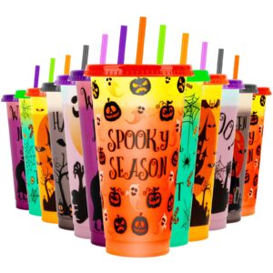 vozispace halloween decorations color changing reusable cups with lids and straws - 12 pack 24 oz plastic tumblers bulk with lids and straws - reusable for party cups