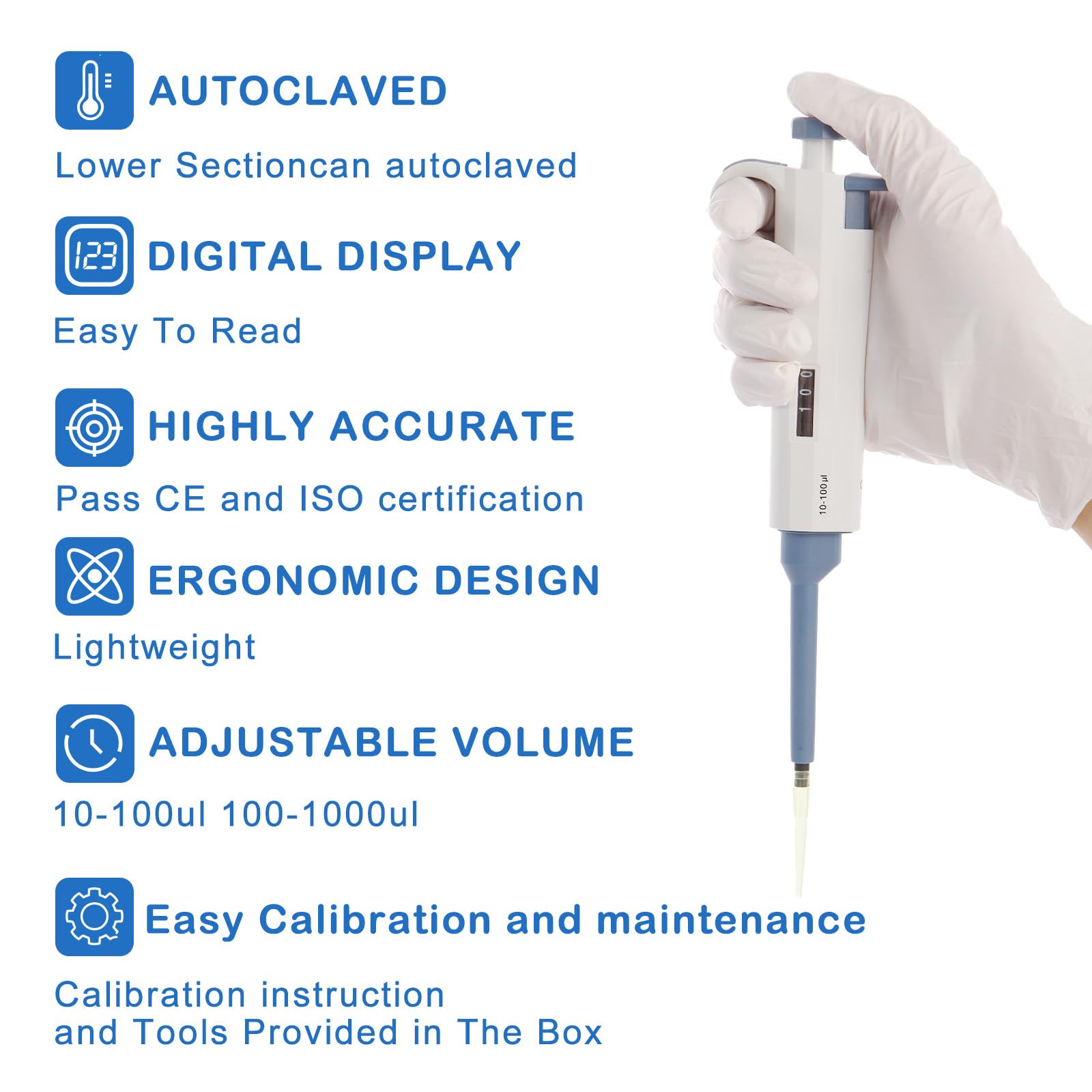 CONSINA 10-100ul Single-Channel Adjustable Pipettes, Manual Micropipette High Accurate for Laboratory