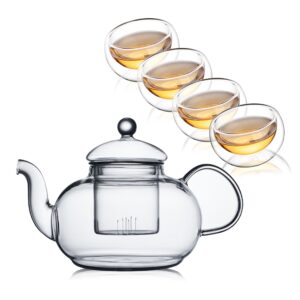 cnglass glass teapot set,20oz clear tea pot with 4 double wall teacups,stovetop safe tea kettle,blooming loose leaf tea maker gift,microwave dishwasher safe