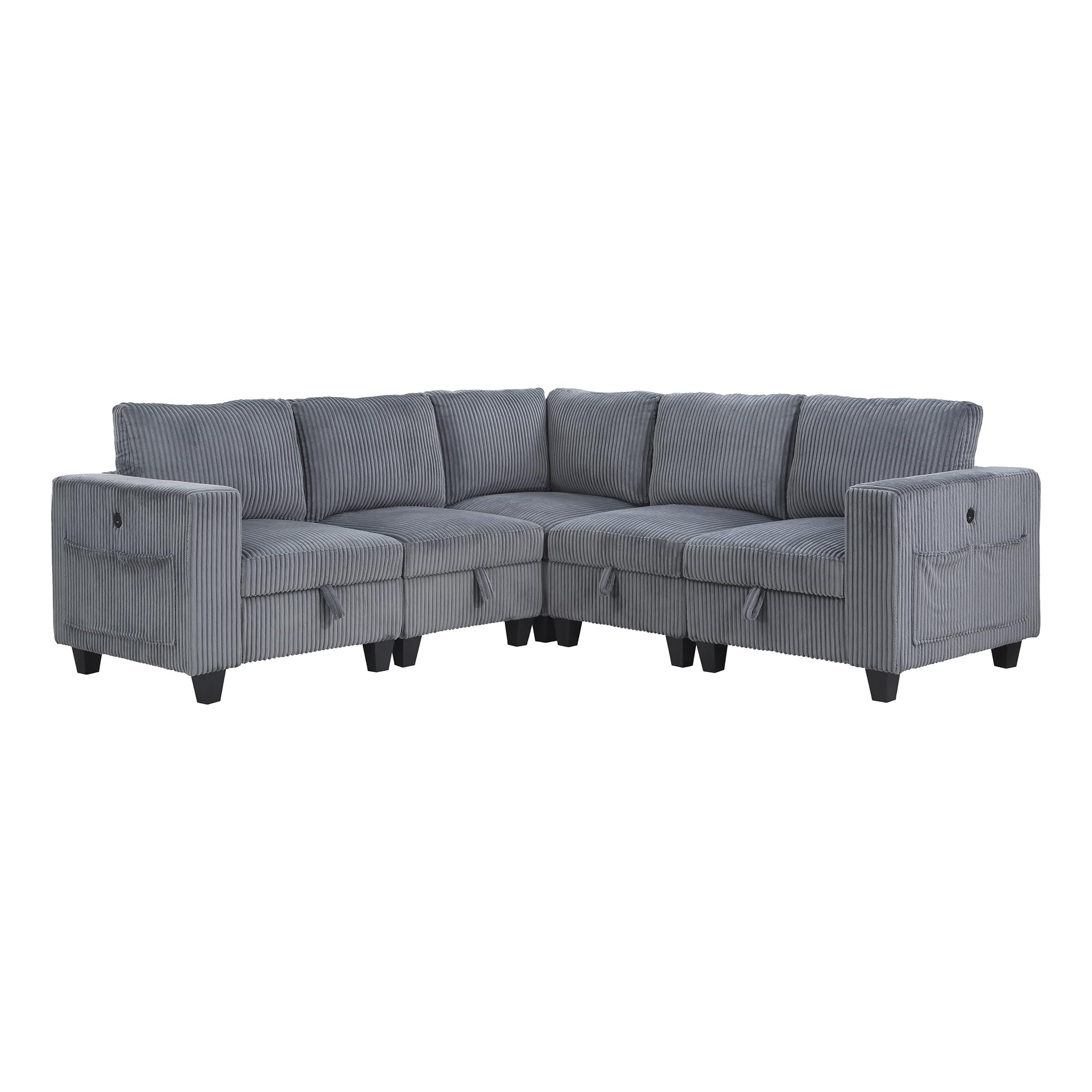 Lexicon Modular Sectional Sofa for Living Room, Corduroy Sofa Couch with Storage Pouches, and Charging Port, Customizable Sectional Sofa Couch for Living Room Furniture, 5 Seater L-Shaped Couch, Grey