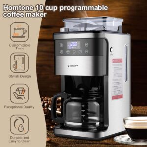 Homtone 10-Cup Coffee Maker with Burr Grinder Built-in,Programmable Grind & Brew, Smart LED Touchscreen Auto Drip Machine, 950W, Black/Stainless Steel, Customizable Strength & Grind Size