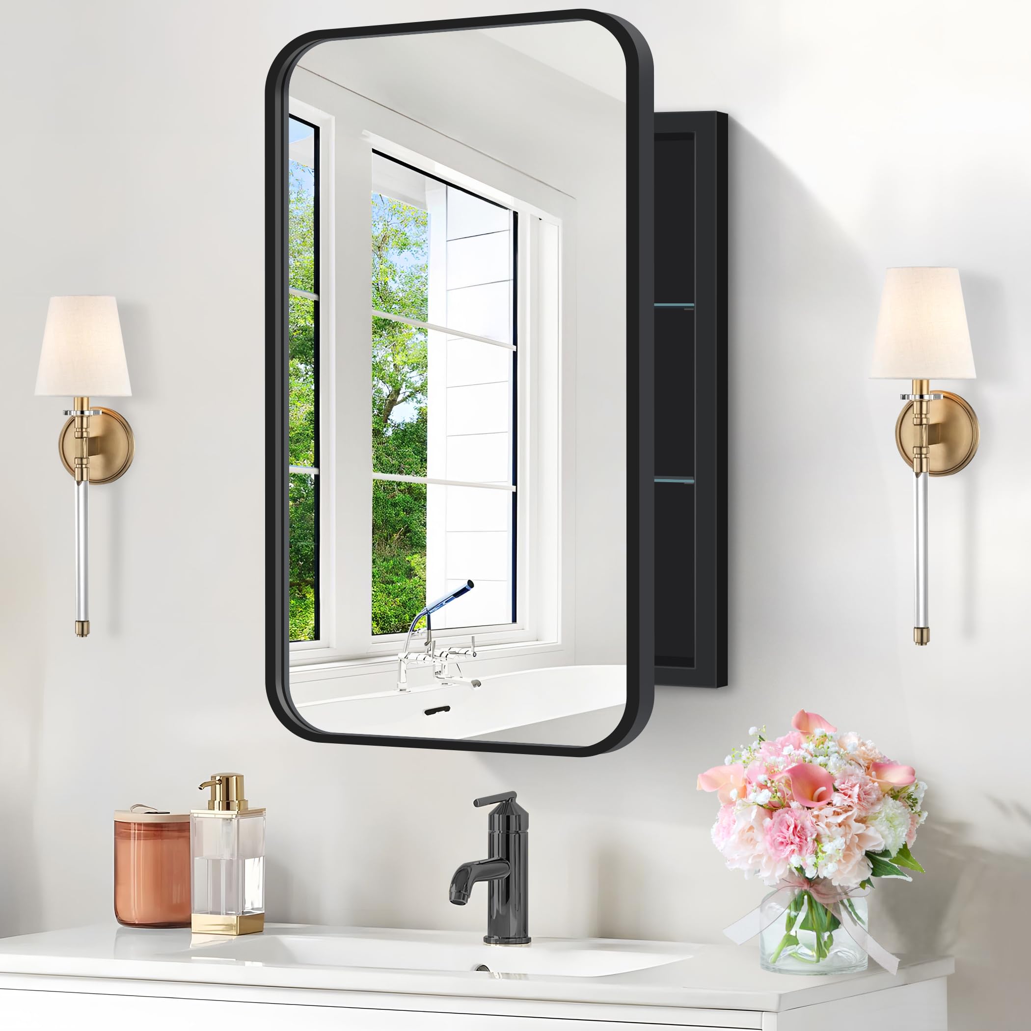 NIMURY Recessed Medicine Cabinet with Mirror, Metal Framed 16x24In Bathroom Mirror with Storage, Rounded Rectangle Vanity Mirror with Cabinet, Black Wall Cabinets for Bathroom Storage