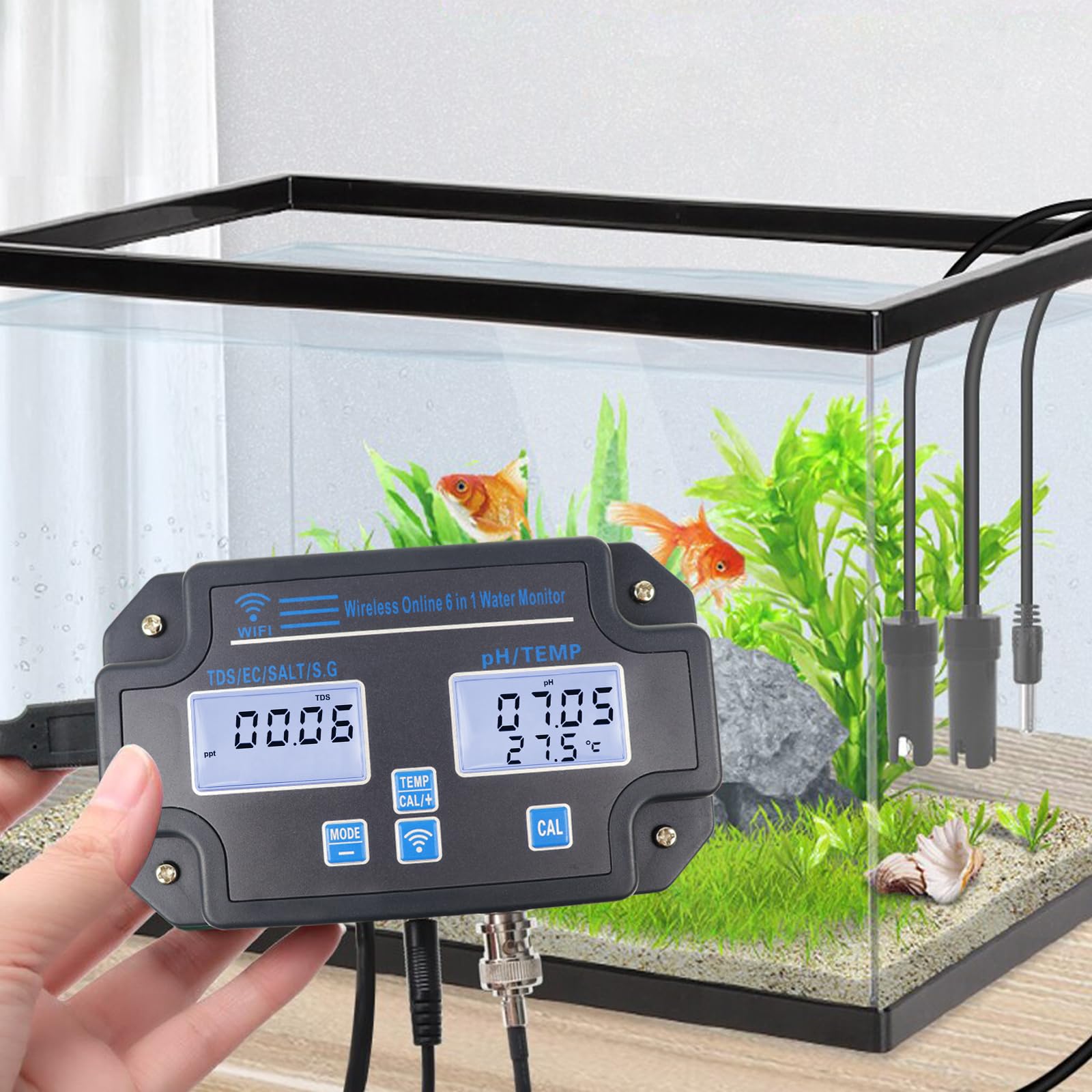 DANOPLUS Wireless Smart Water Quality Tester, Continuous App Monitoring for pH, EC, TDS, Salinity, SG, and Temperature Mountable with Alarm for Aquariums & Hydroponics