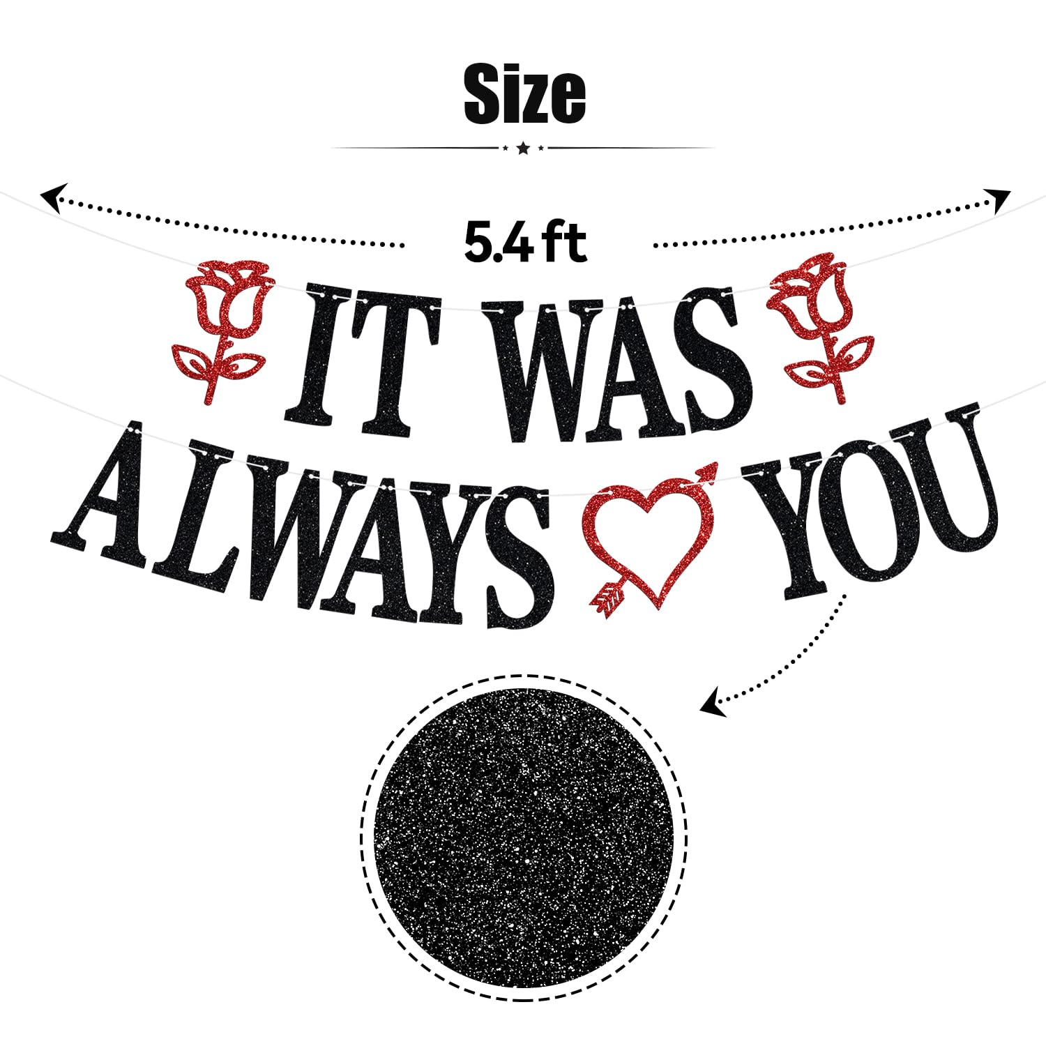 It Was Always You Banner, Forever&Always/Happily Ever After Wedding Party Decoration Supplies, Pre-Strung Valentine's Day/Wedding/Bridal Shower/Bachelorette/Engagement Bunting Sign, Black Glitter