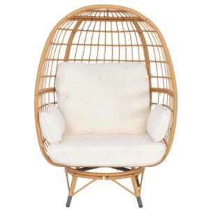 HLNPTN Patio Egg Chair Wicker Outdoor Egg Basket Chairs, Oversized Outdoor Furniture PE Rattan Patio Lounge Chair 440lb Capacity Sofa Seat with Stand & Beige Cushions for Indoor, Living Room, Backyard