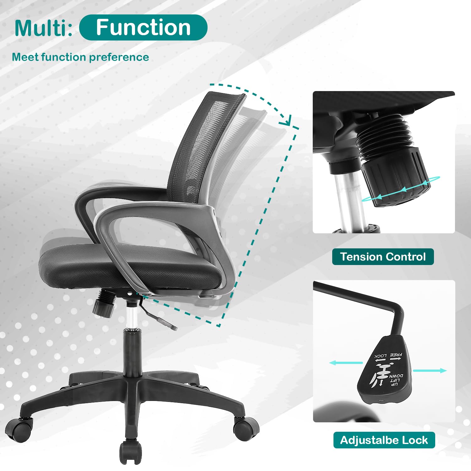 Ruesleag Office Desk Chairs Mid Back Mesh Chairs Ergonomic Desk Chair Executive Adjustable Task Chair for Women Adults Home Office Computer Chair, Black