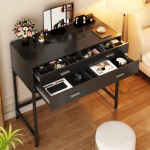 LIDYUK 31.5 Inch Black Desk with 3 Drawers, Modern Makeup Vanity Desk with Lighted Mirror, Small Computer Desk Home Office Desk for Writing Study Bedroom