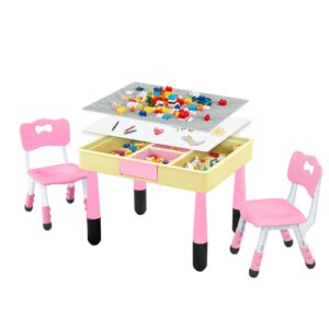 gitawusa 4 in 1 kids table and chairs set, toddler table and chair set for kids ages 3-10, 29.5" l x 23.6" w activity table w/storage, graffiti & building blocks double-sided tabletop, lovely pink