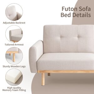 Hcore Convertible Futon Bed Couch, 79" Inch Linen Fabric Memory Foam Mid Century Modern Sleeper Armrest, Small Splitback Loveseat Sofa Cama Sofabed, Beige