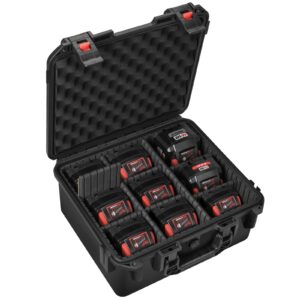 storage case for milwaukee m18 m12 battery - waterproof power tool box storage bag with 9 adjustable dividers for milwaukee battery & charger holder 2.0/3.0/4.0/5.0/6.0/6.5/8/9.0/12.0-ah (case only)