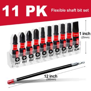 Geinxurn Flexible drill bit Extension Screwdriver Bit Holders, 1PACK 12Inches Flex Shaft Extension Socket Drill Bit Holder Hex Shank Quick-Change Drill Bit Guide with 10PC Screwdriver Bits